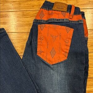 Western Dress’n Coastal Cowgirl Rodeo Women's Blue and Orange Boot Cut Jeans S